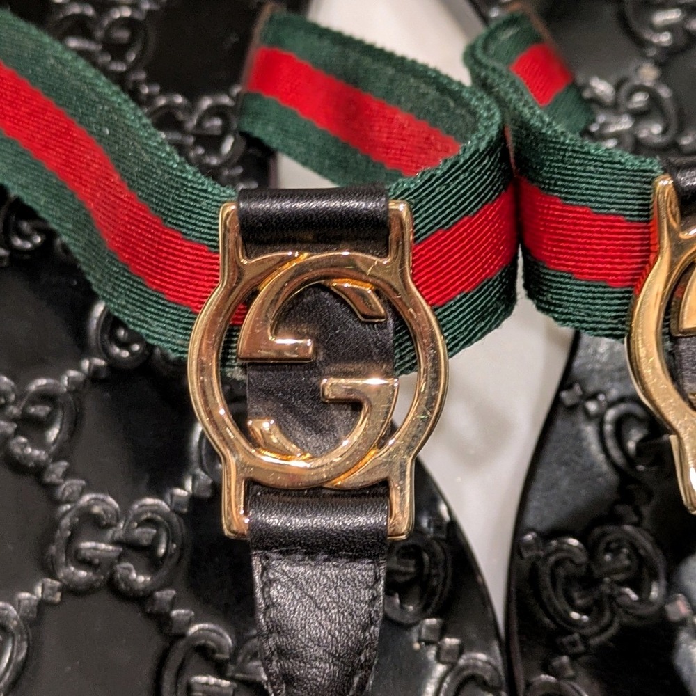 Gucci Flip Flop Thong Sandals Women 37.5 Black Green Red GG Monogram - Picture 9 of 14